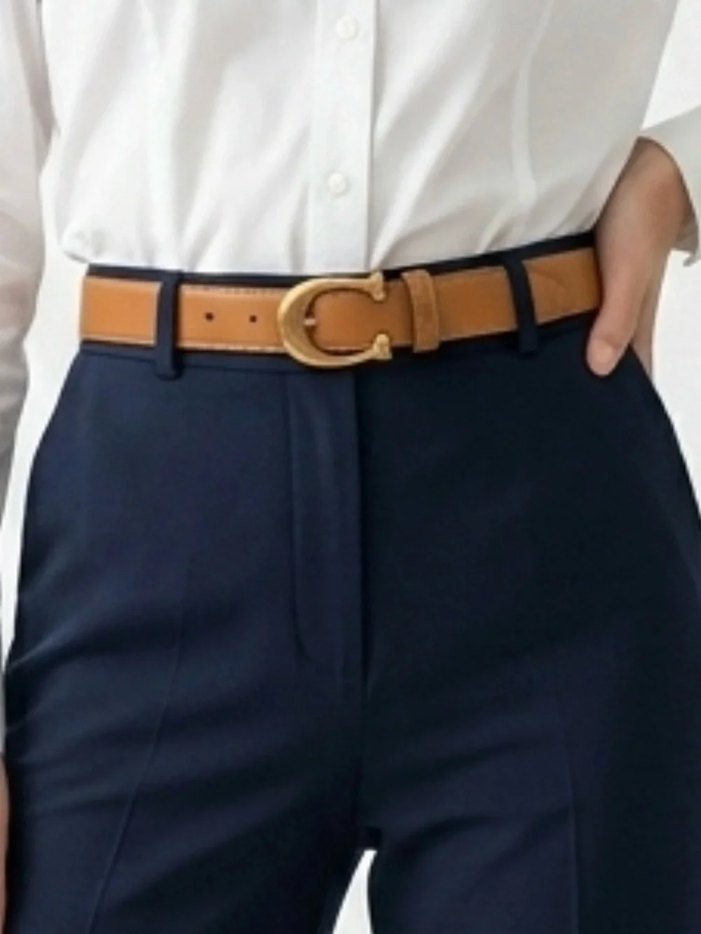 Tan Leather Belt with Gold 'C' Buckle